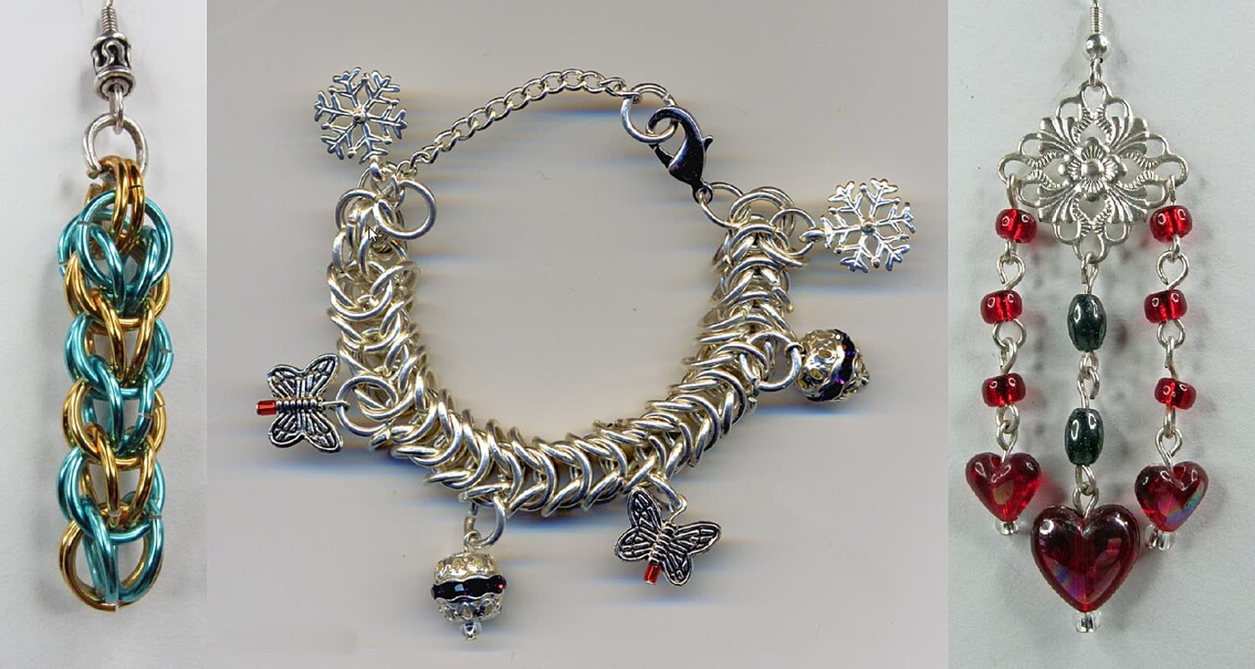 A collage of three handmade jewelry pieces, a chainmail bracelet with charms and two beaded earrings